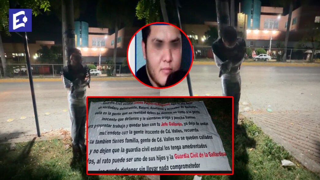 Dejan un cuerpo emplayado, sin dedos, y una narcomanta frente al IMSS en Ciudad Valles