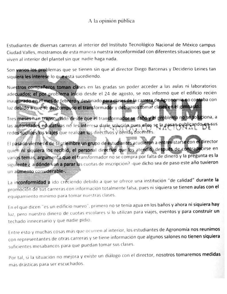 Comunicado redactado por alumnos sobre las condiciones del edificio de Agronomía del TecNM de Ciudad Valles.