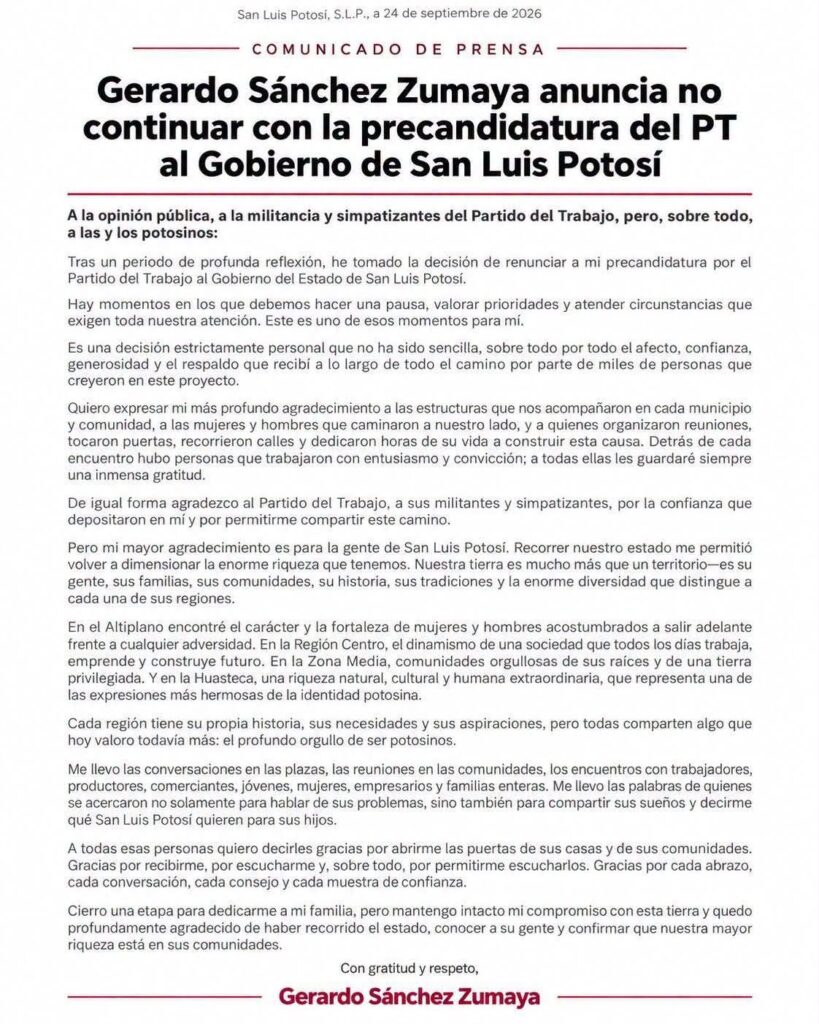 Comunicado de prensa mediante el cual Gerardo Sánchez Zumaya anunció su salida del Partido del Trabajo (PT), en medio del proceso rumbo a la gubernatura de San Luis Potosí.